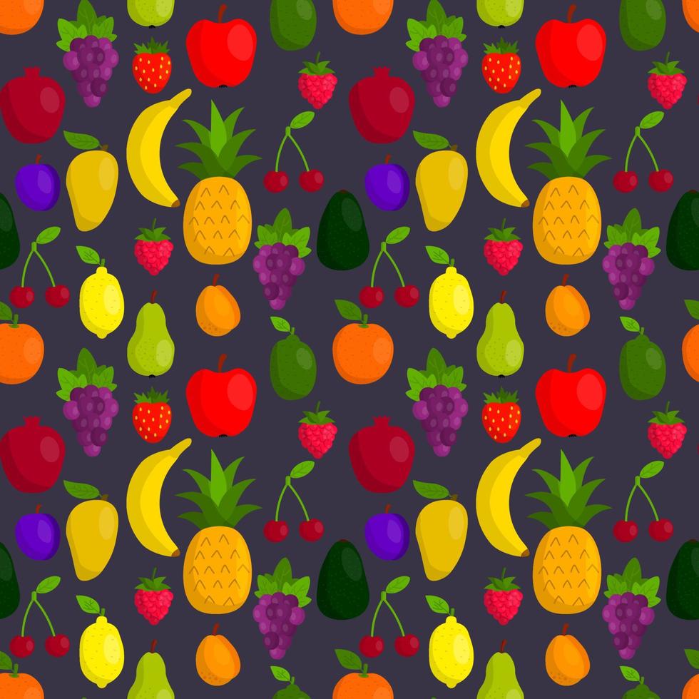 Cute fruit in flat style seamless pattern. Pineapple and strawberry, apple and apricot. vector