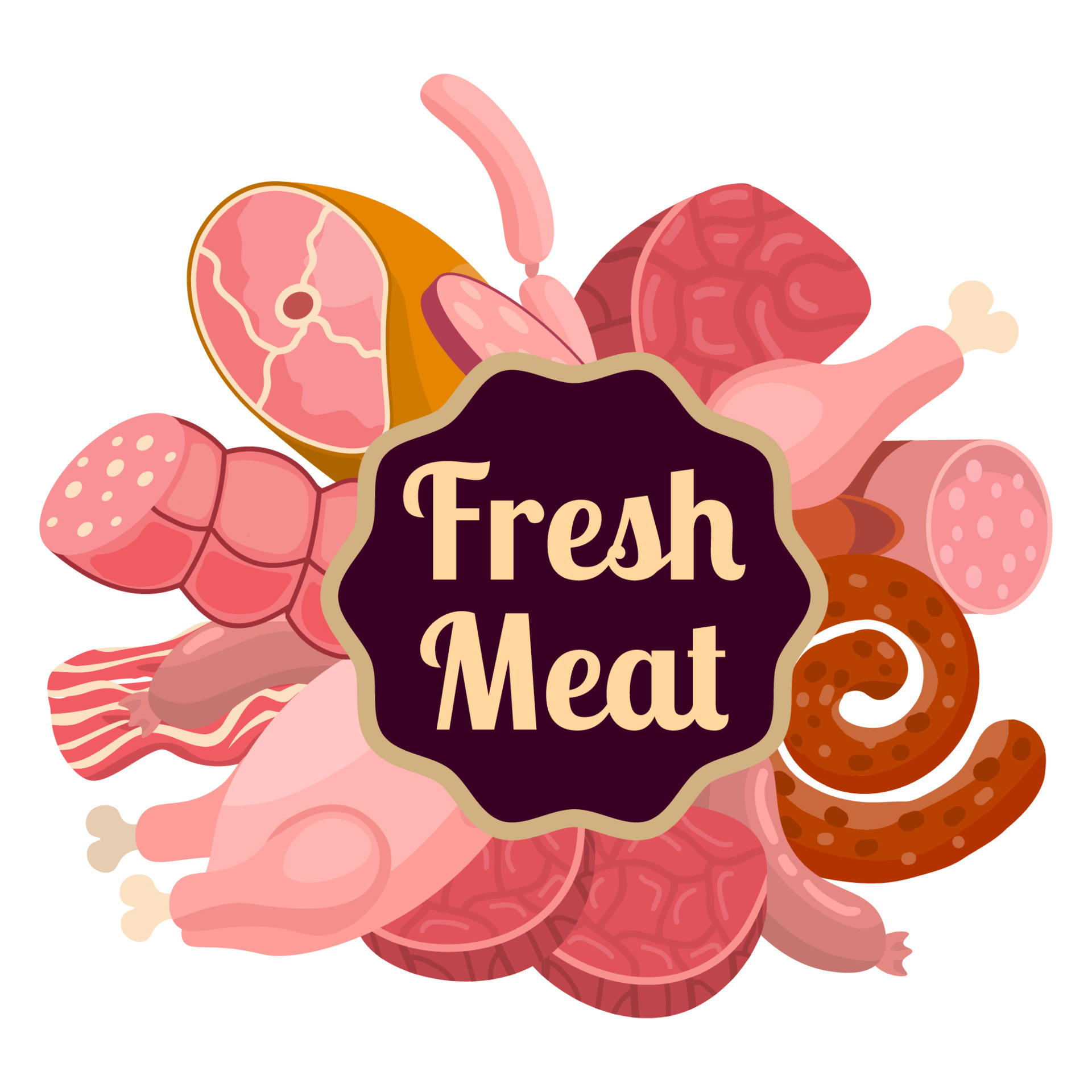 Cartoon fresh raw meat in flat style logo, label, wind. Chicken and ...