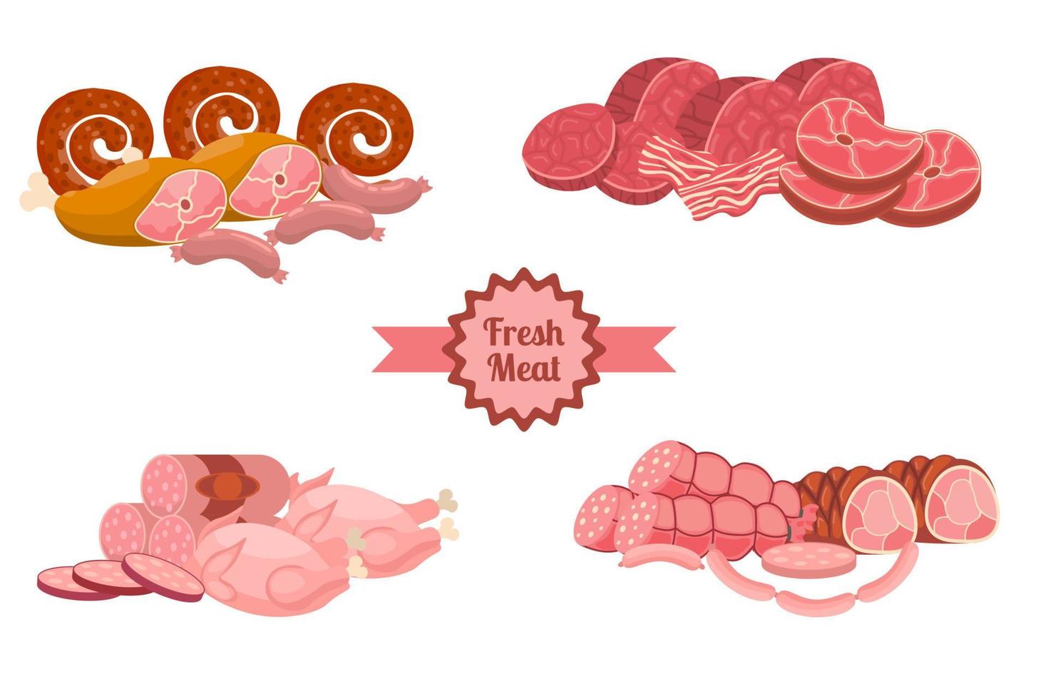 Cartoon fresh meat products compositions in flat style. Chicken and bacon, steak and sausages, Krakow sausage and ham, tenderloin. Meat and ingredients. vector