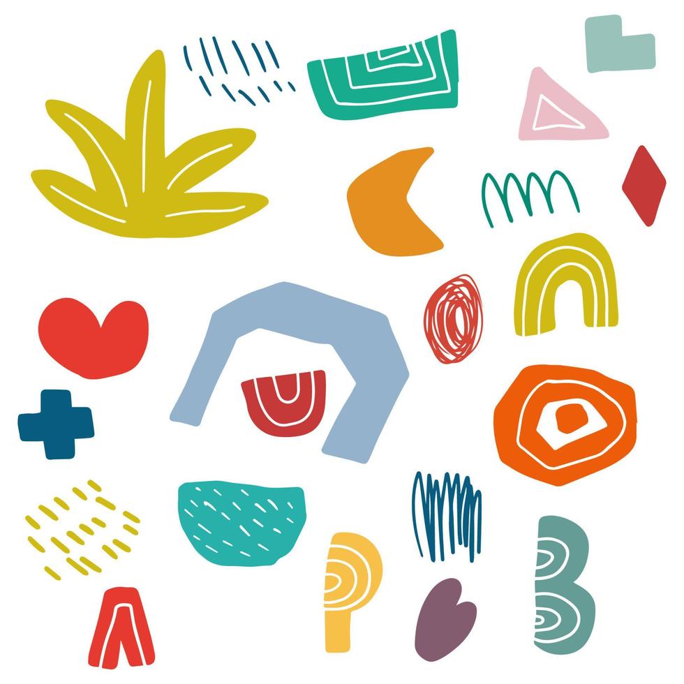 Abstract different decorative shapes collection. Childlike style. Heart, plus, bush. Geo shapes. vector