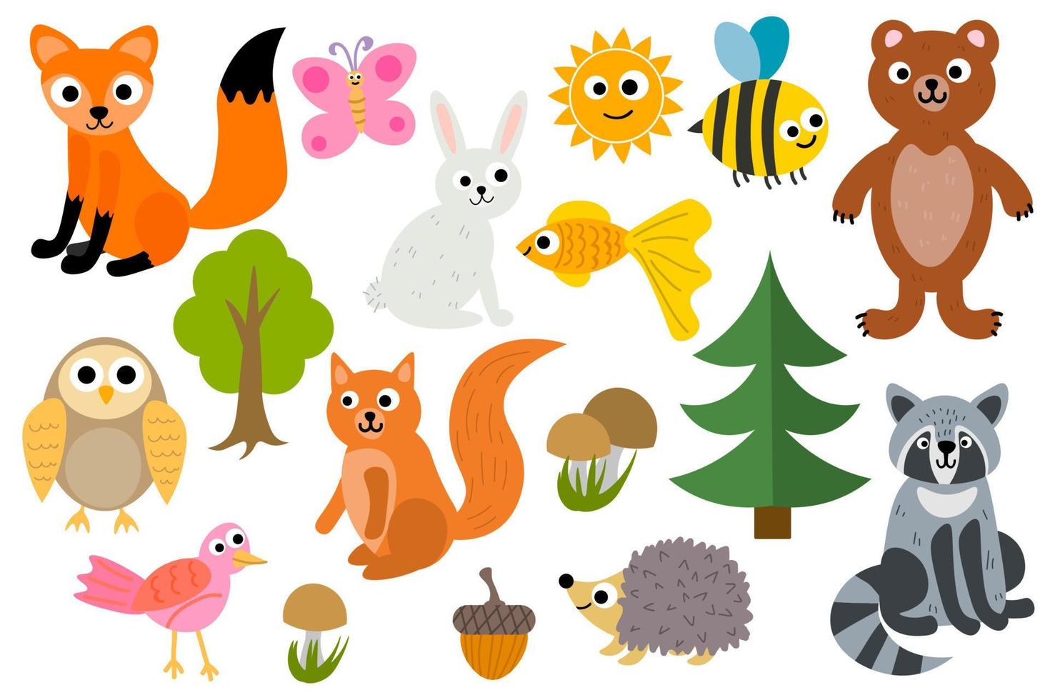 Conjunto de dibujos animados lindo de animales del bosque aislado sobre fondo blanco. zorro y erizo, búho y conejo, oso y mapache, abeja y mariposa, pez y pájaro dorado, ardilla y sol, árboles, setas. vector