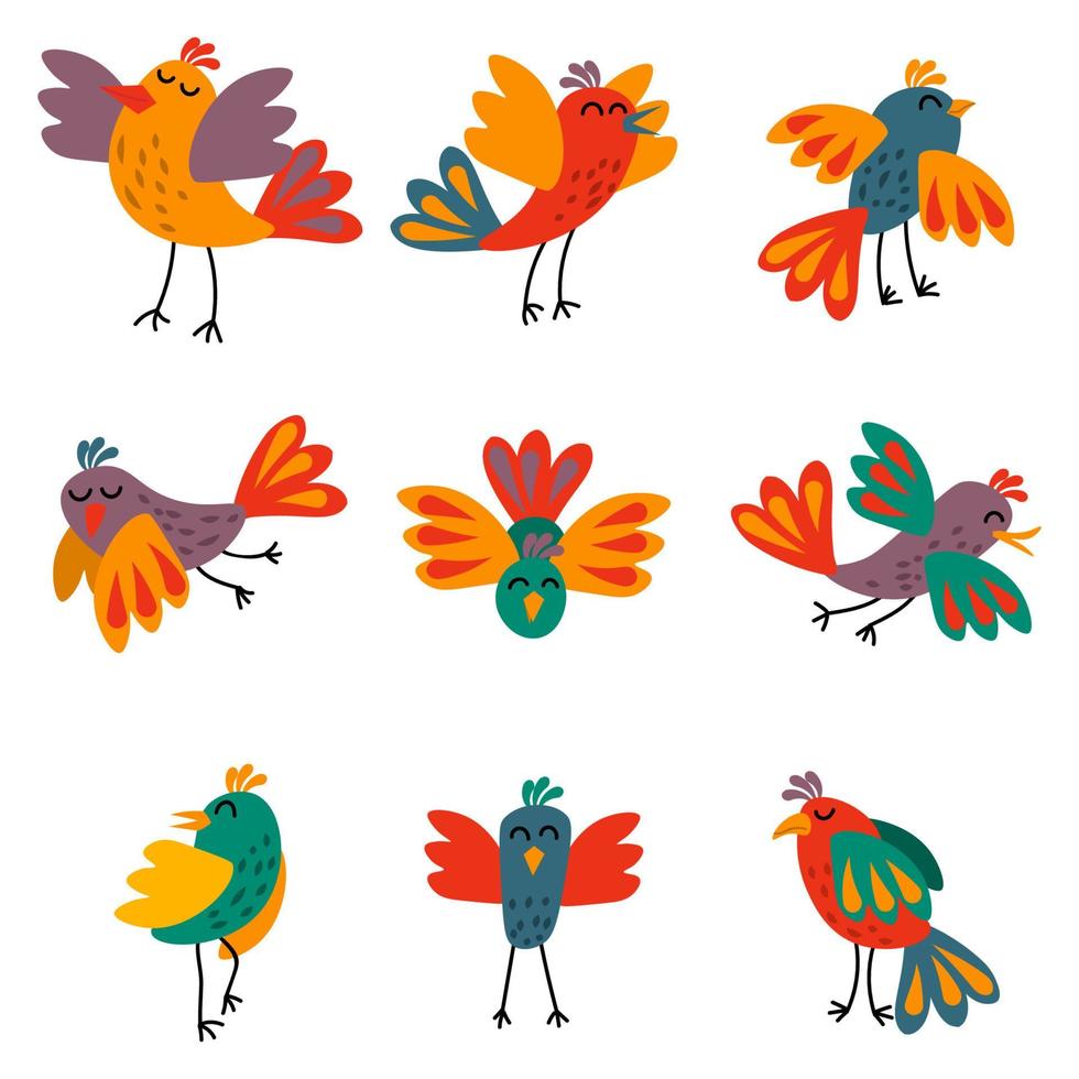 lindo conjunto de pájaros en diferentes poses en estilo plano. colección de pájaros volando y de pie aislado sobre fondo blanco. vector