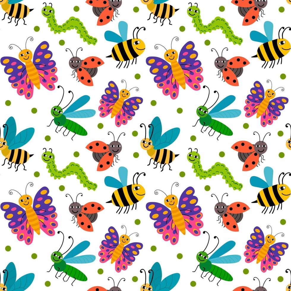 Cute cartoon smiling summer insects random seamless pattern with small dots. vector