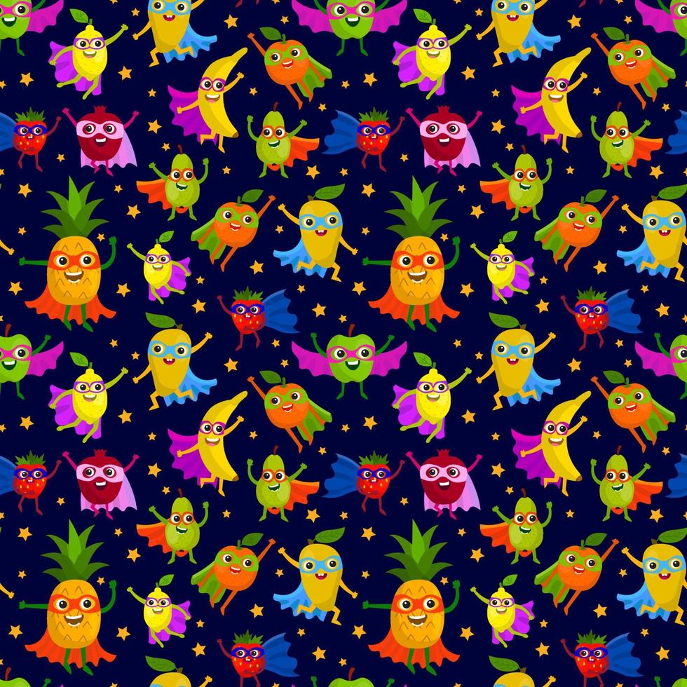 Cute superheroes fruits seamless pattern. Superpower vitamin food in flat style. Fruits characters messy background. vector