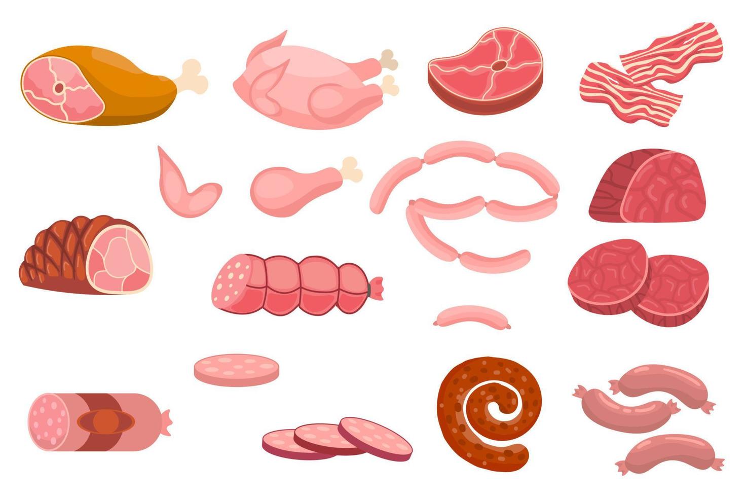 Cartoon fresh raw meat in flat style. Chicken and bacon, steak and sausages, sausage and ham, tenderloin. Meat products and ingredients. vector