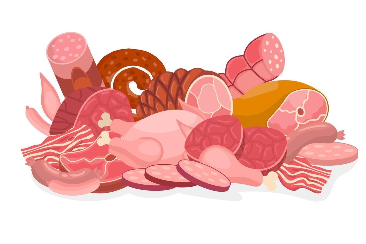 Cartoon fresh meat products compositions in flat style. Chicken and bacon, steak and sausages, Krakow sausage and ham, tenderloin. Meat and ingredients. vector