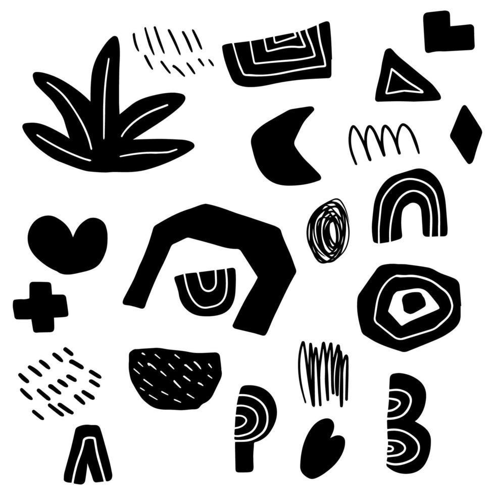 Abstract different decorative shapes collection. Childlike style. Heart, plus, bush. Geo shapes. vector