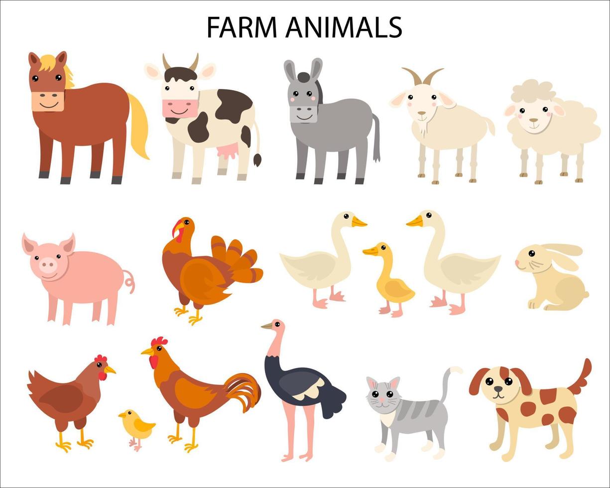 animales de granja de dibujos animados en estilo plano aislado sobre fondo blanco. caballo y vaca, burro y oveja, cerdo y pavo, ganso y conejo, gallina y gallo, avestruz y gato, perro y cabra. vector