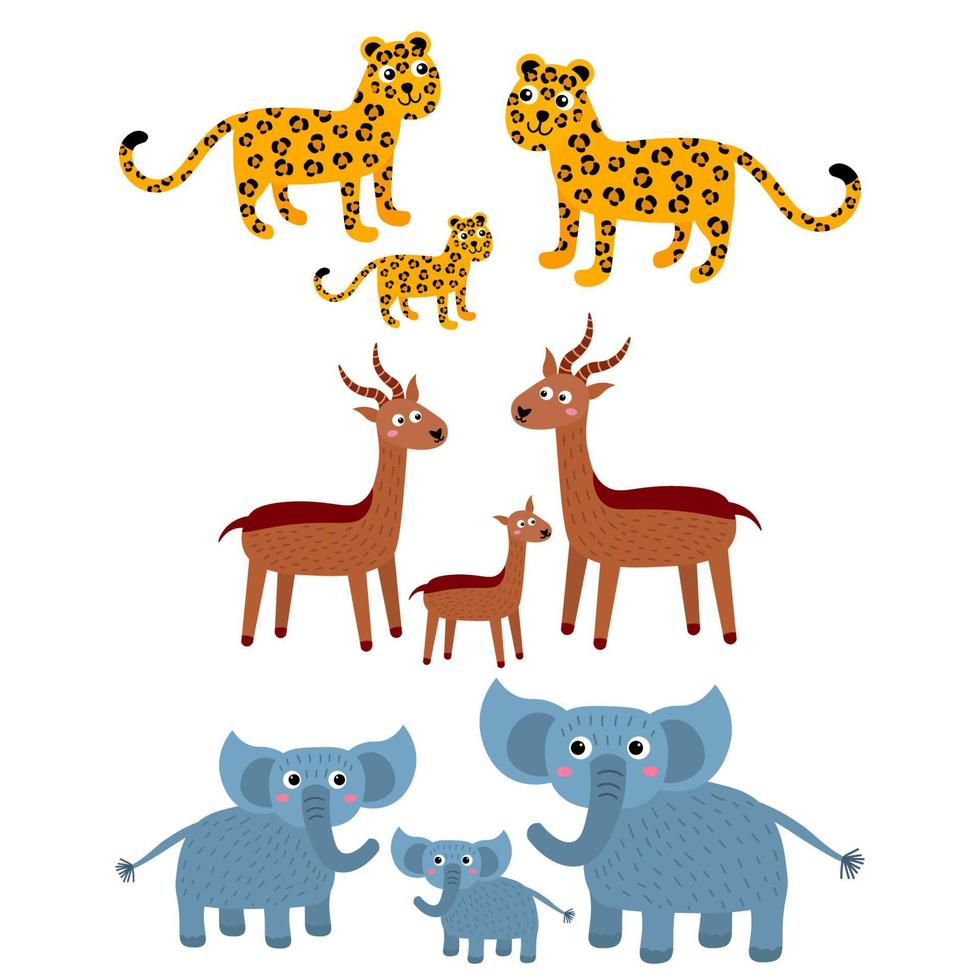 Leopard, gazelle, elephant. Cartoon African families of wild animals in childlike flat style isolated on white background. vector