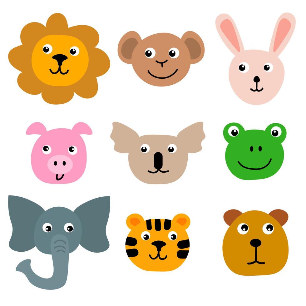 caras de dibujos animados de animales de zoológico en estilo plano aislado sobre fondo blanco. avatares de animales. león y tigre, mono y conejo, cerdo y koala, elefante y oso, rana. vector
