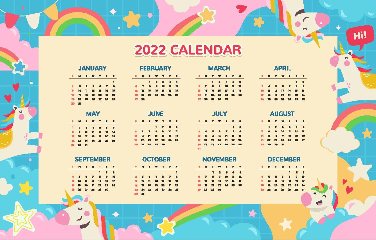 2022 Calendar Template with Unicorn Theme vector