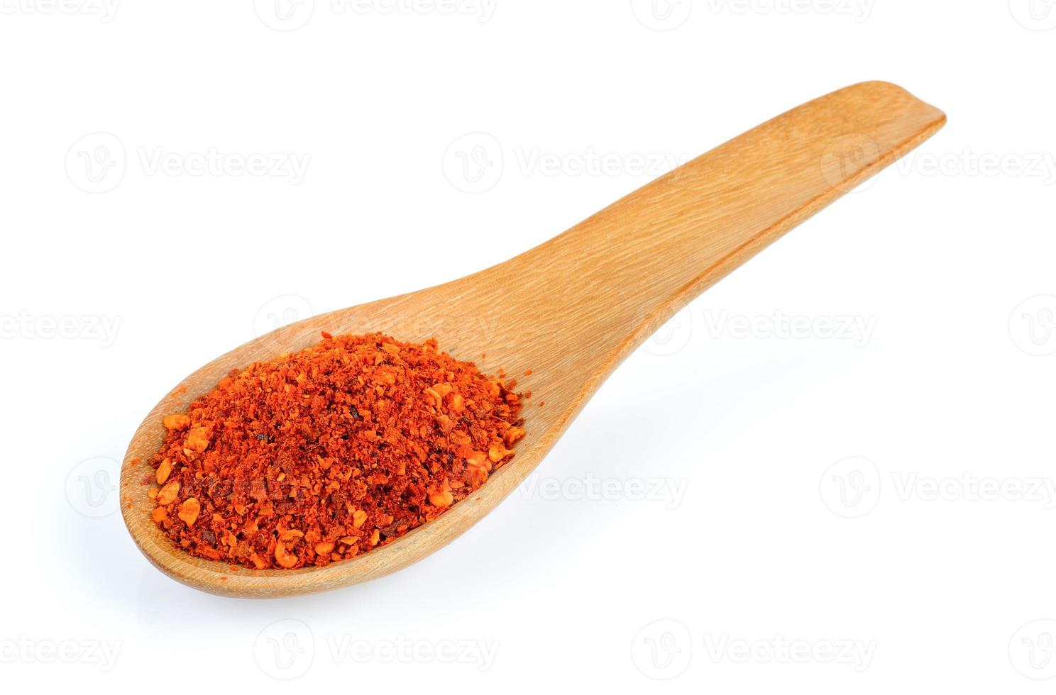 Cayenne pepper in wood spoon on white background photo
