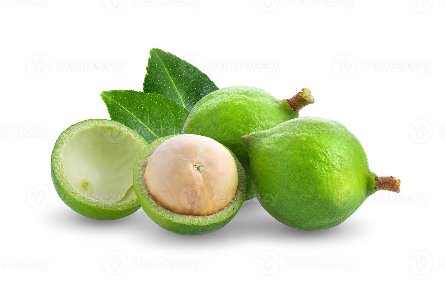 nueces de macadamia con hojas aisladas sobre fondo blanco. foto