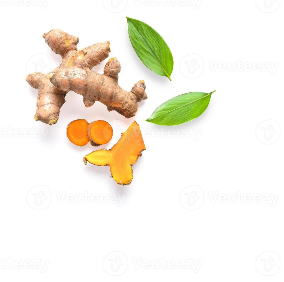 Cassumunar ginger with leaf on white background photo