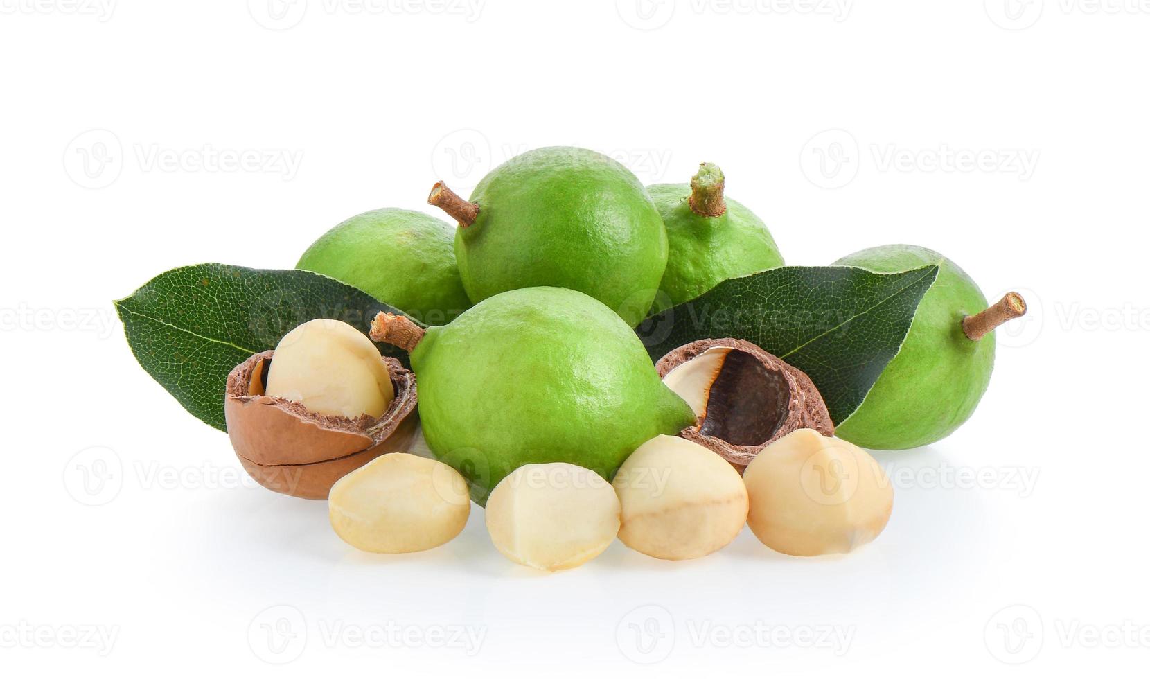 Nueces de macadamia con hojas aisladas sobre fondo blanco. foto