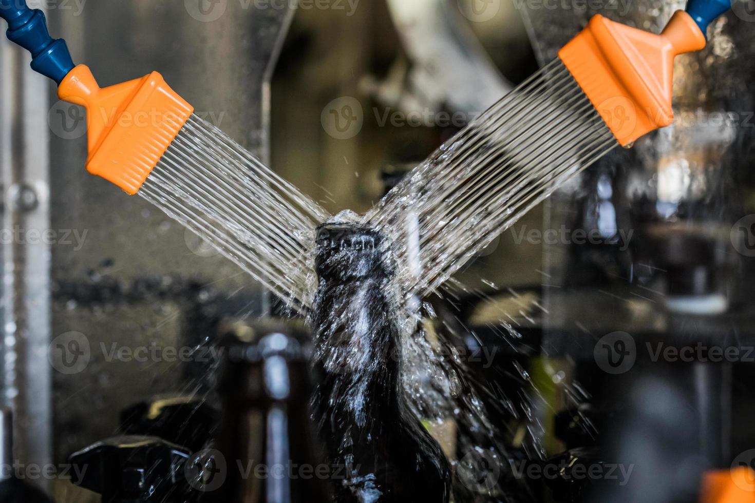 Beer bottles washing on factory photo
