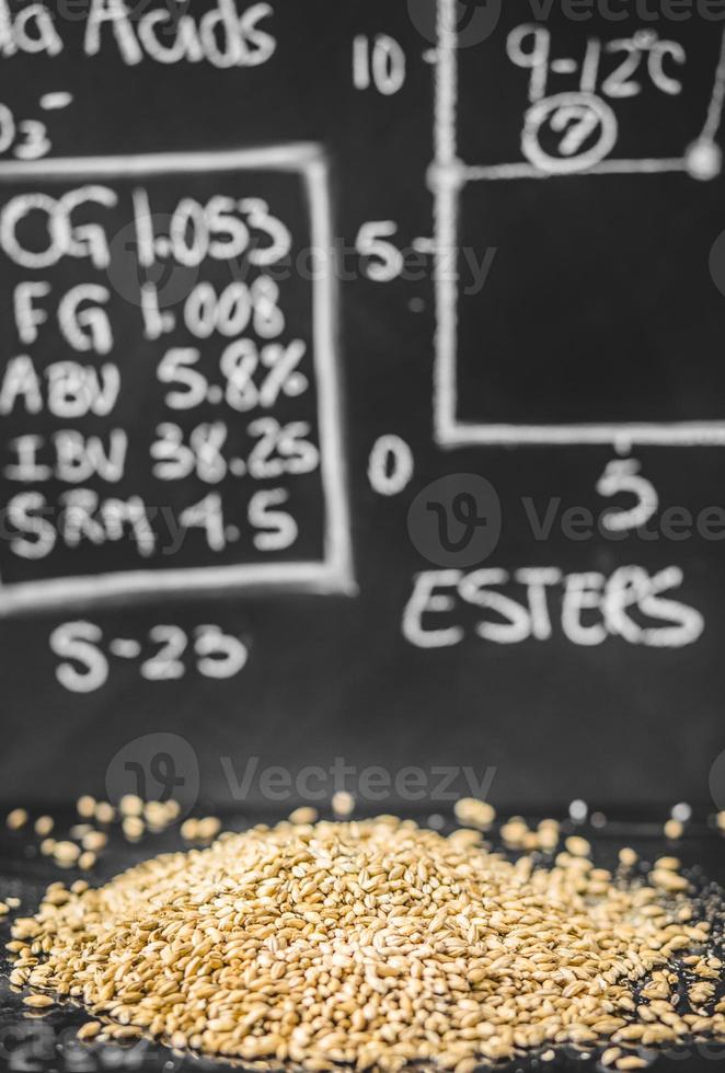 ciencia de la cerveza. pizarra con gráfico, datos y especificaciones con grano de malteado pálido foto