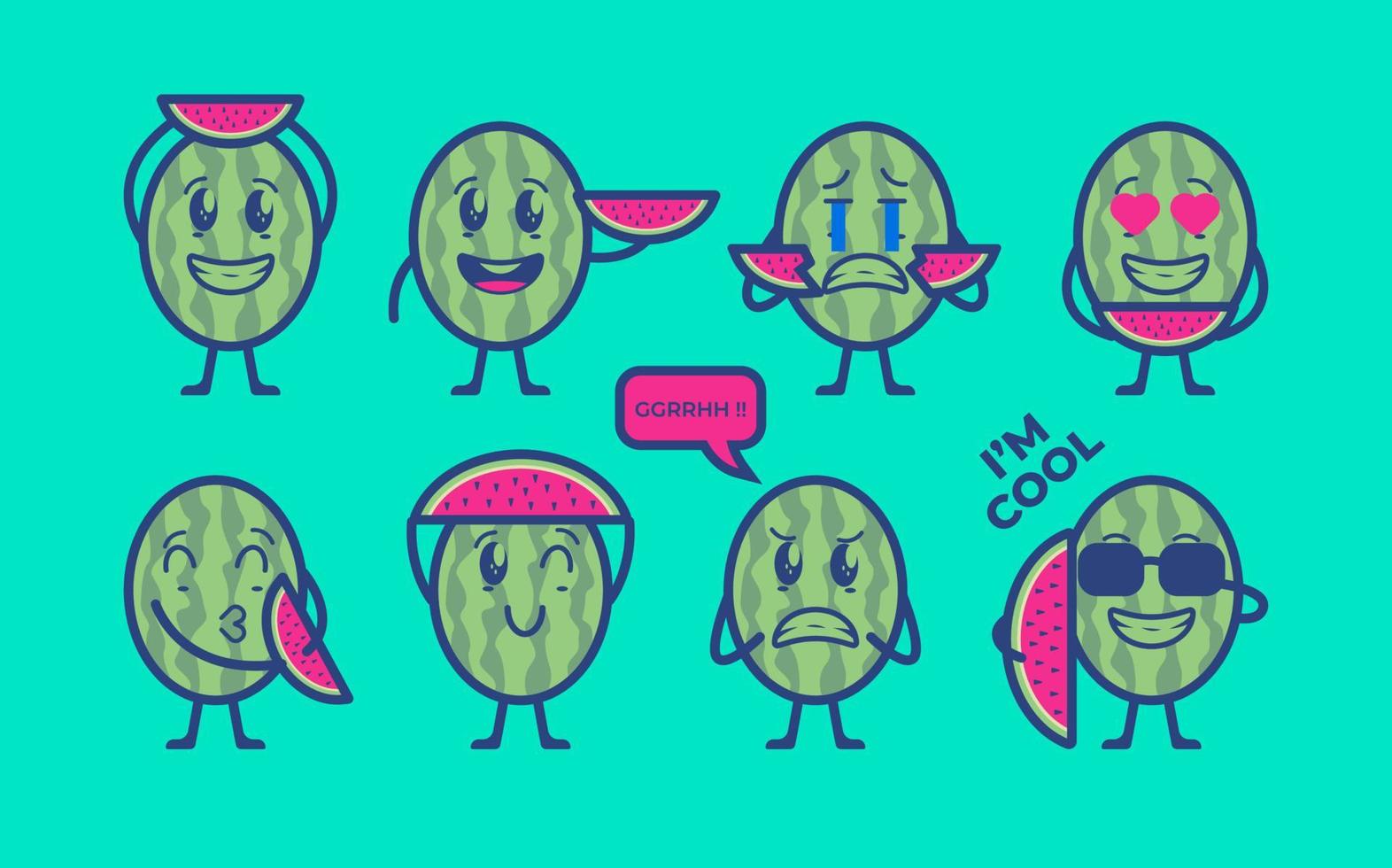 Cute Watermelon Cartoon with Various Expression vector