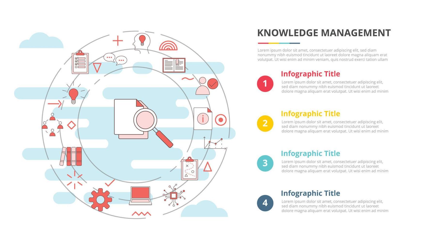 concepto de gestión del conocimiento para banner de plantilla infográfica con información de lista de cuatro puntos vector