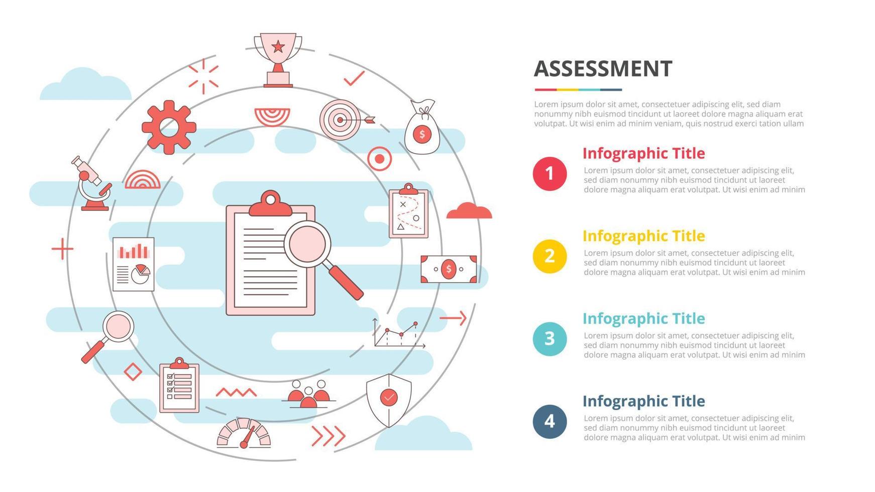 Concepto de evaluación empresarial para banner de plantilla infográfica con información de lista de cuatro puntos vector