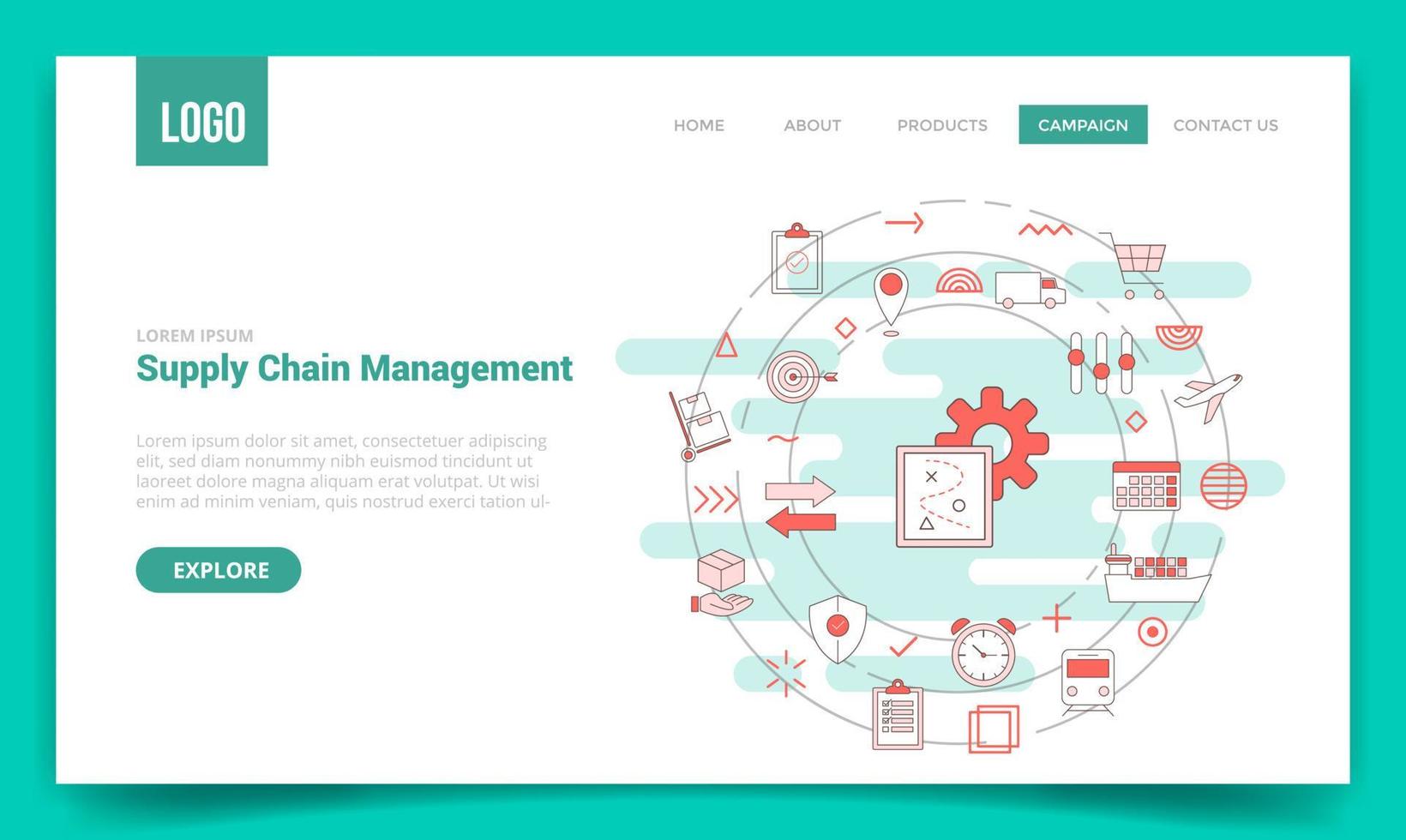 Concepto de gestión de la cadena de suministro de scm con el icono de círculo para la plantilla de sitio web o la página de inicio de la página de destino vector