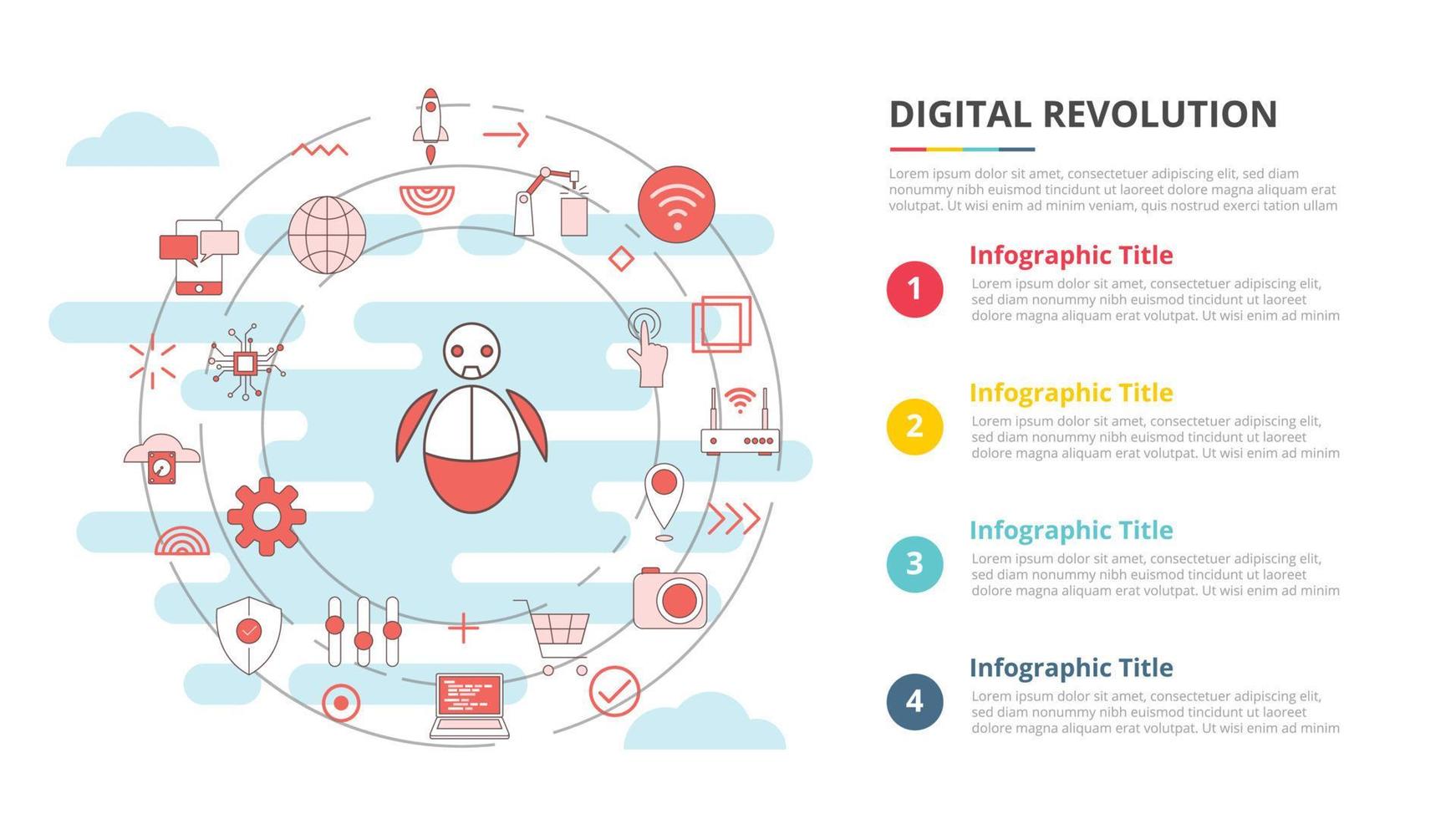 Concepto de tecnología de revolución digital para banner de plantilla infográfica con información de lista de cuatro puntos vector