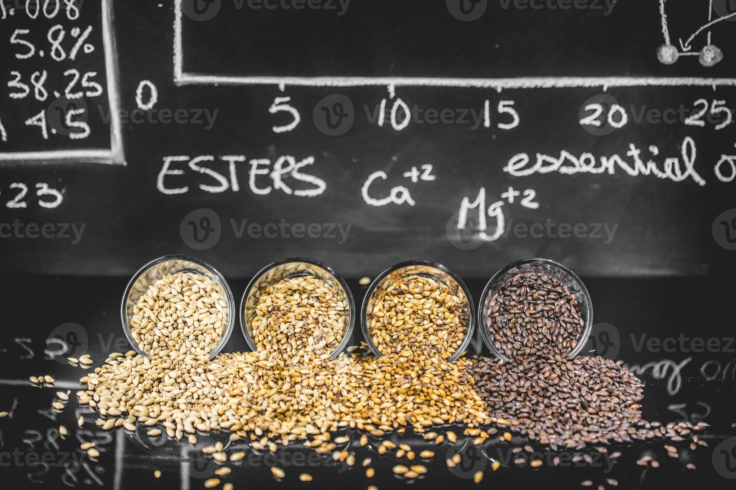 ciencia de la cerveza. pizarra con gráfico, datos y especificaciones con diferentes colores de grano malteado. foto