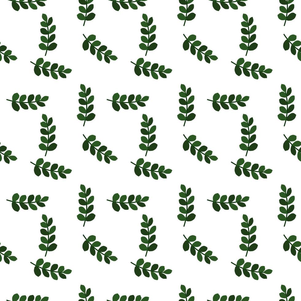 Seamless pattern of fern different tree, foliage natural branches, green leaves, herbs, tropical plant hand drawn. Vector fresh beauty rustic eco friendly background on white