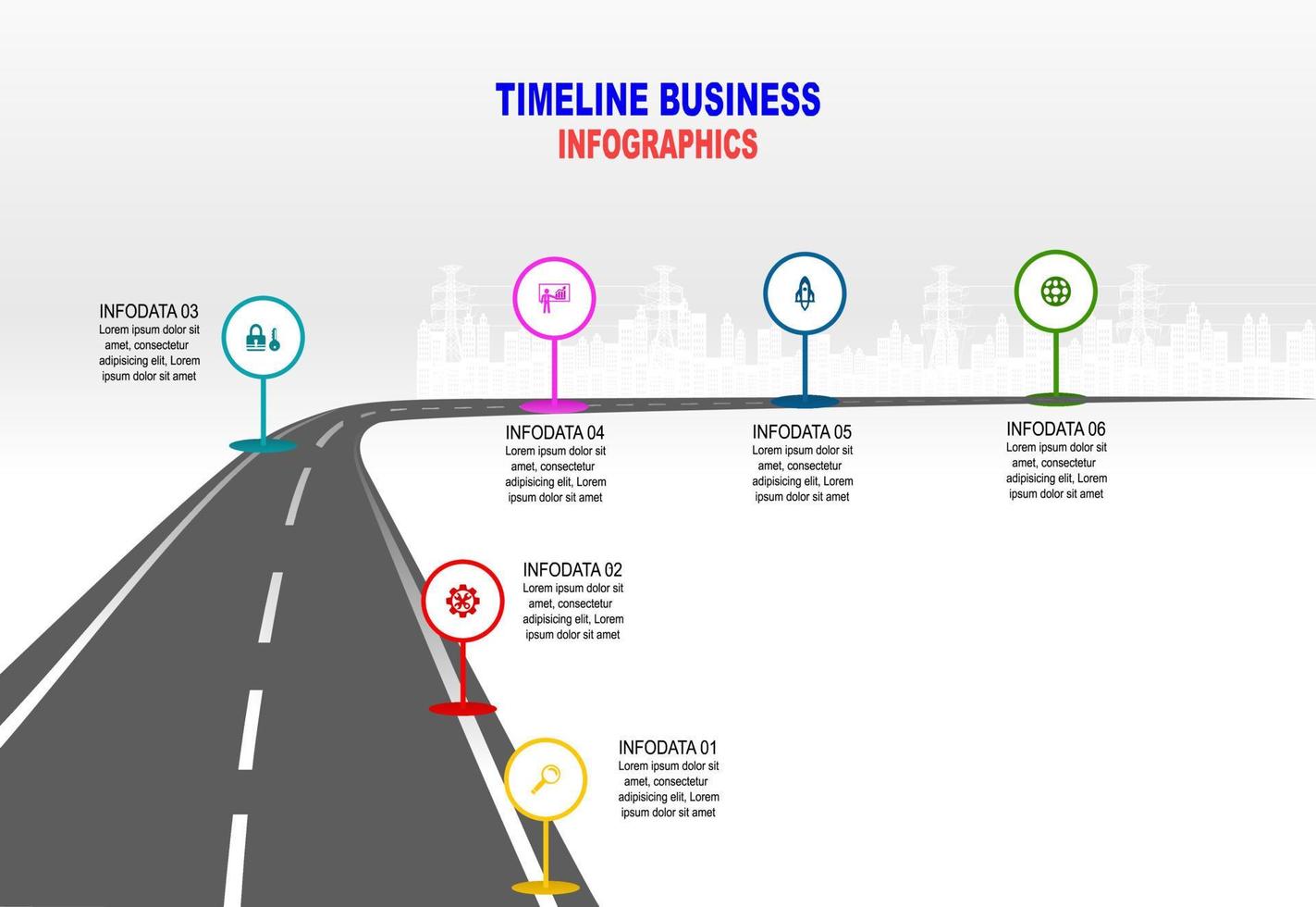 Vector template infographic Timeline of business operations with flags and placeholders on curved roads. Symbols, steps for successful business planning Suitable for advertising and presentations