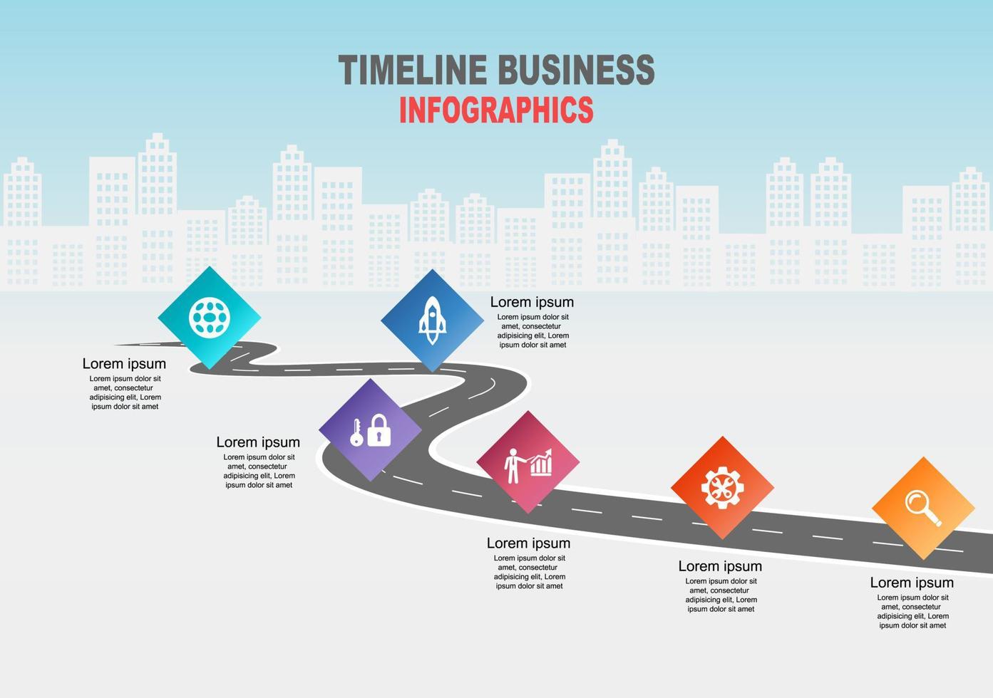 vector plantilla infografía línea de tiempo de operaciones comerciales con banderas y marcadores de posición en carreteras con curvas. símbolos, pasos para una planificación empresarial exitosa adecuados para publicidad y presentaciones.