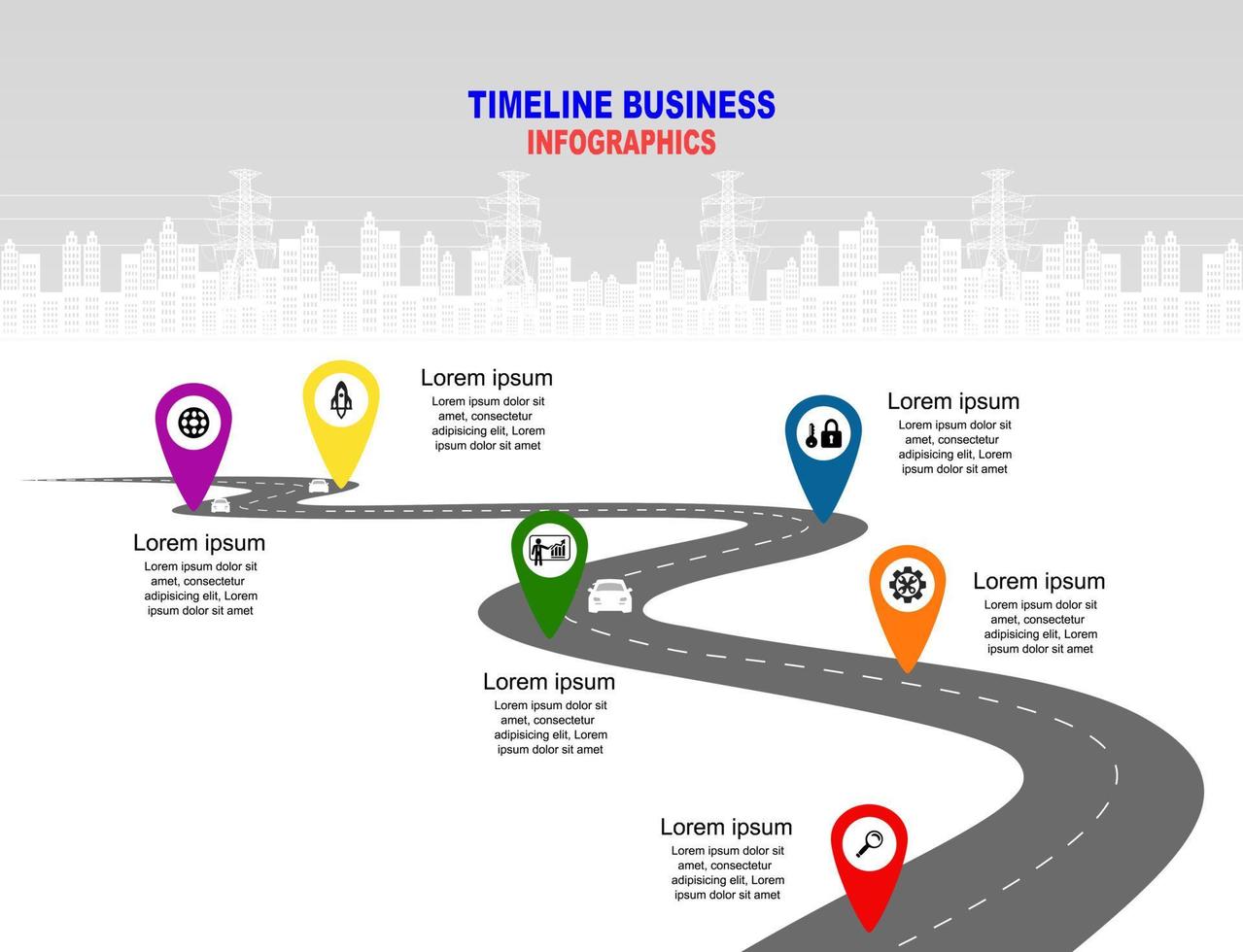 Vector template infographic Timeline of business operations with flags and placeholders on curved roads. Symbols, steps for successful business planning Suitable for advertising and presentations