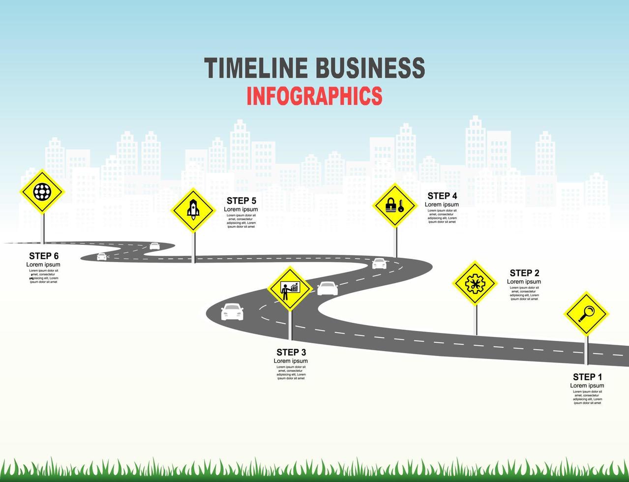 Vector template infographic Timeline of business operations with flags and placeholders on curved roads. Symbols, steps for successful business planning Suitable for advertising and presentations.