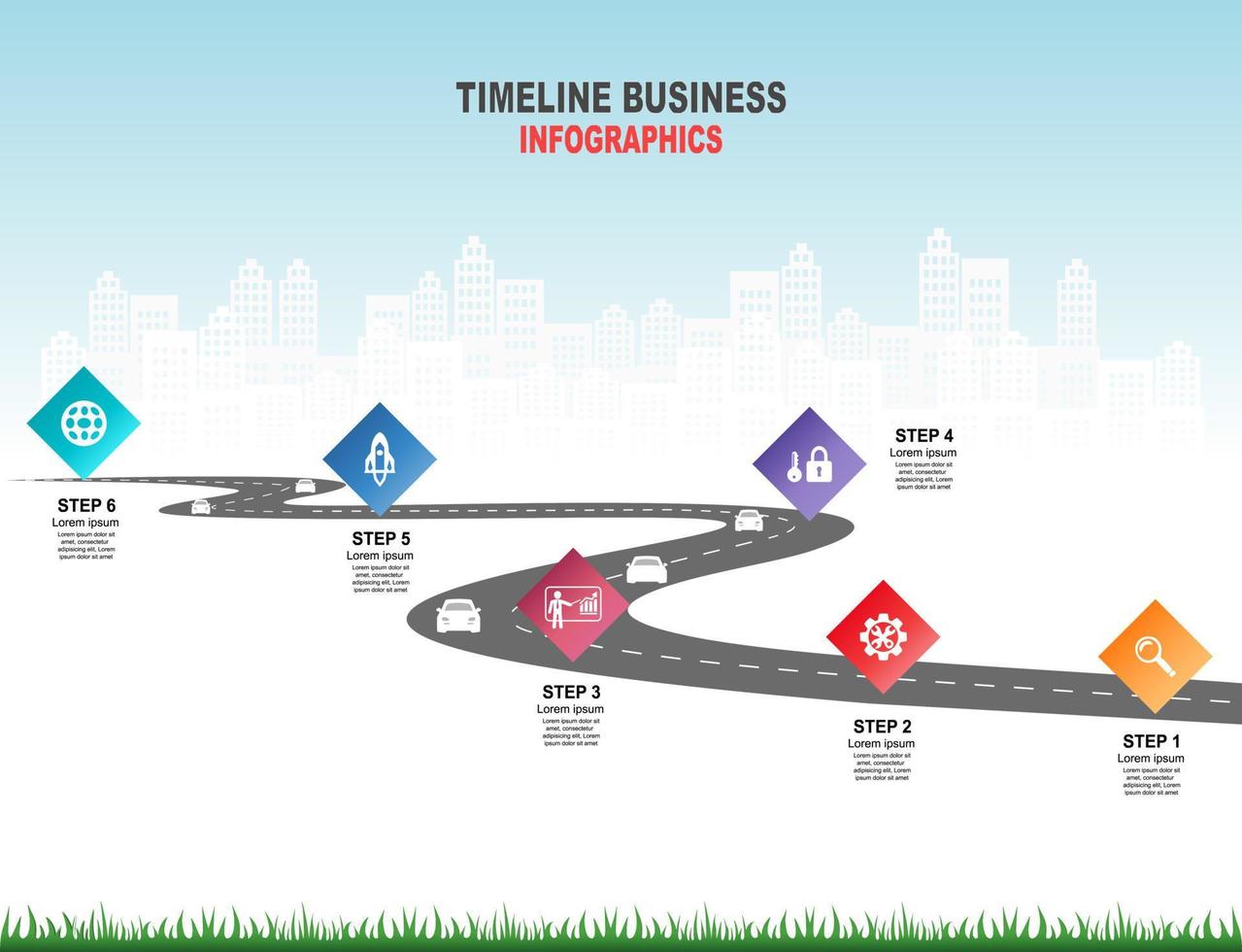 vector plantilla infografía línea de tiempo de operaciones comerciales con banderas y marcadores de posición en carreteras con curvas. símbolos, pasos para una planificación empresarial exitosa adecuados para publicidad y presentaciones.