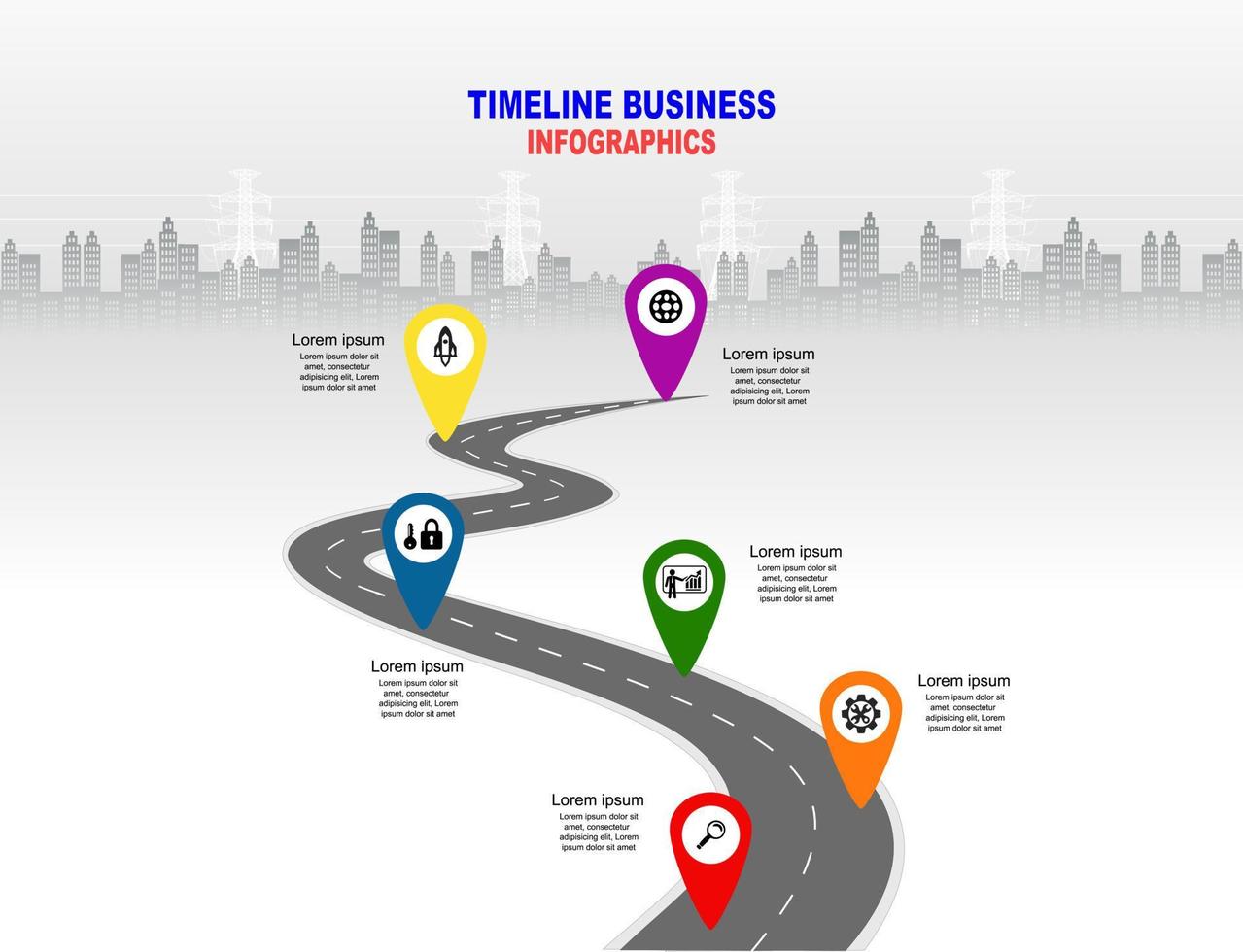 Vector template infographic Timeline of business operations with flags and placeholders on curved roads. Symbols, steps for successful business planning Suitable for advertising and presentations