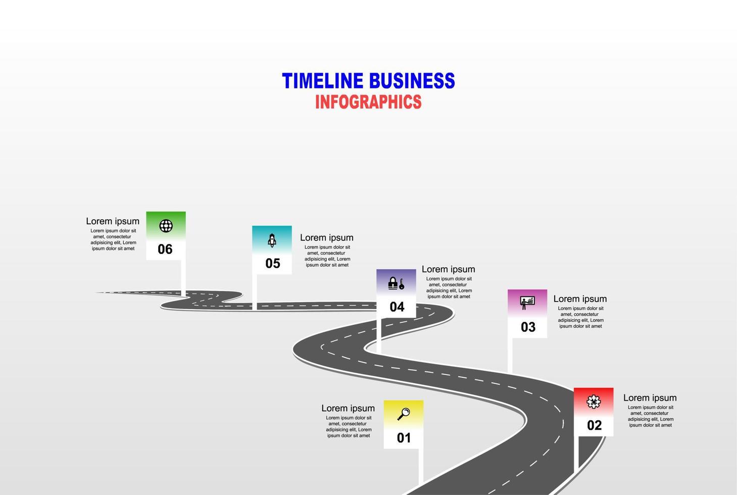 vector plantilla infografía línea de tiempo de operaciones comerciales con banderas y marcadores de posición en carreteras con curvas. símbolos, pasos para una planificación empresarial exitosa adecuados para publicidad y presentaciones.