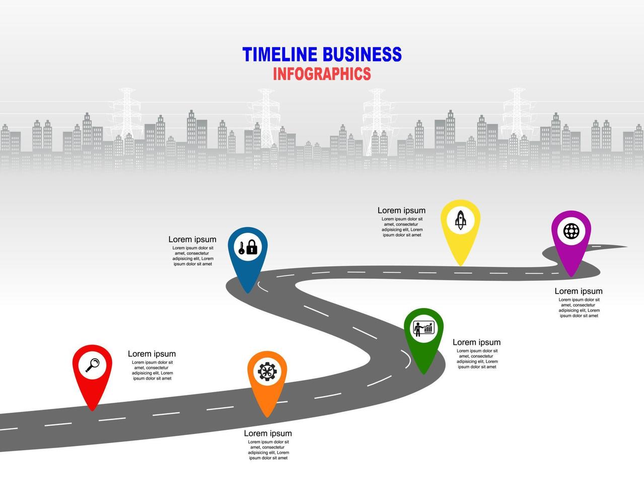 vector plantilla infografía línea de tiempo de operaciones comerciales con banderas y marcadores de posición en carreteras con curvas. símbolos, pasos para una planificación empresarial exitosa adecuados para publicidad y presentaciones.