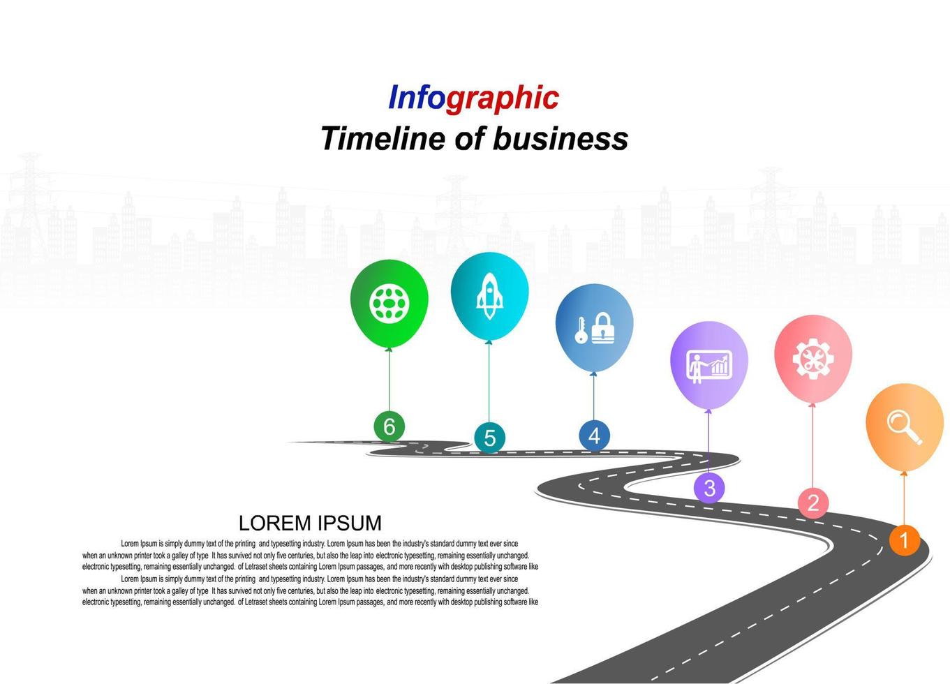 Vector template infographic Timeline of business operations with flags and placeholders on curved roads. Symbols, steps for successful business planning Suitable for advertising and presentations.