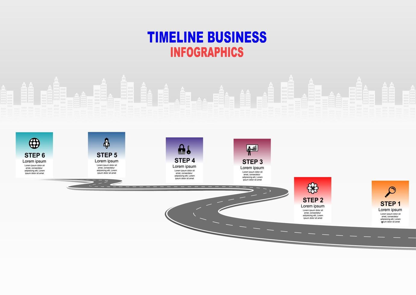 Vector template infographic Timeline of business operations with flags and placeholders on curved roads. Symbols, steps for successful business planning Suitable for advertising and presentations