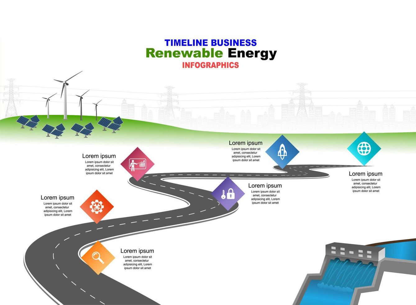Vector template infographic Timeline of business operations with flags and placeholders on curved roads. Innovation, for environment and society city that can live together. Symbols, steps for success