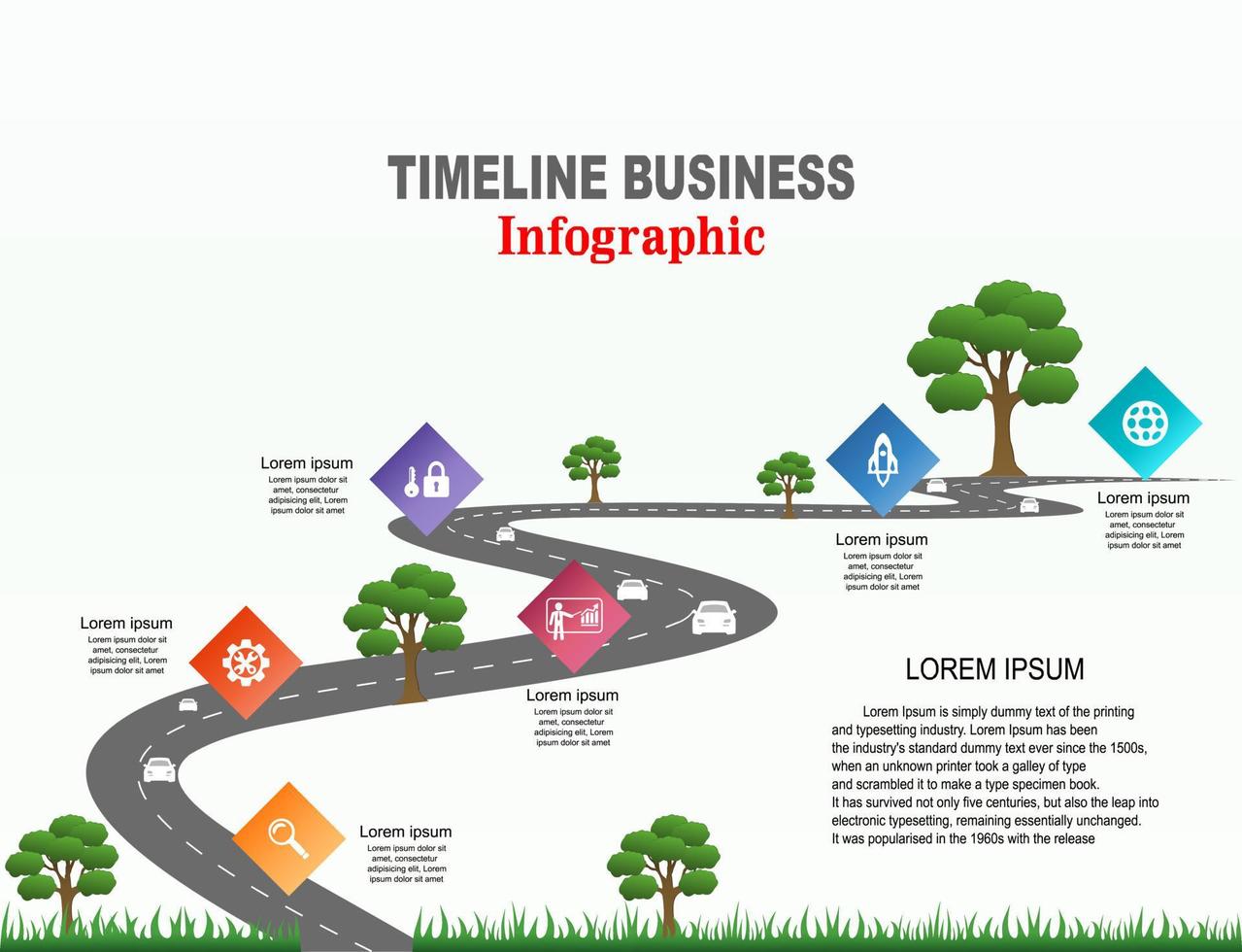 Vector template infographic Timeline of business operations with flags and placeholders on curved roads. Symbols, steps for successful business planning Suitable for advertising and presentations