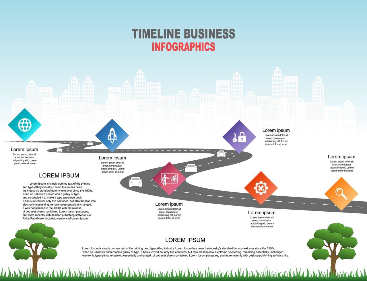 vector plantilla infografía línea de tiempo de operaciones comerciales con banderas y marcadores de posición en carreteras con curvas. símbolos, pasos para una planificación empresarial exitosa adecuados para publicidad y presentaciones.