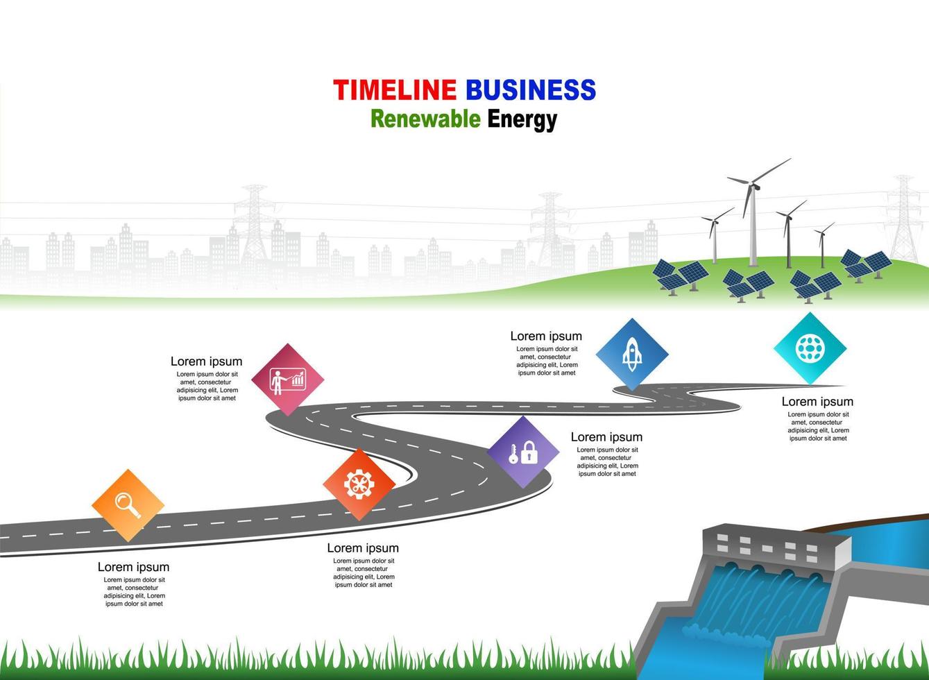 Vector template infographic Timeline of business operations with flags and placeholders on curved roads. Innovation, for environment and society city that can live together. Symbols, steps for success