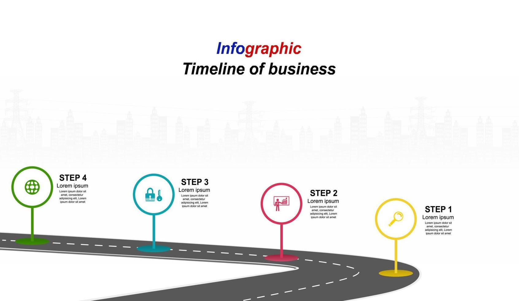 vector plantilla infografía línea de tiempo de operaciones comerciales con banderas y marcadores de posición en carreteras con curvas. símbolos, pasos para una planificación empresarial exitosa adecuados para publicidad y presentaciones.