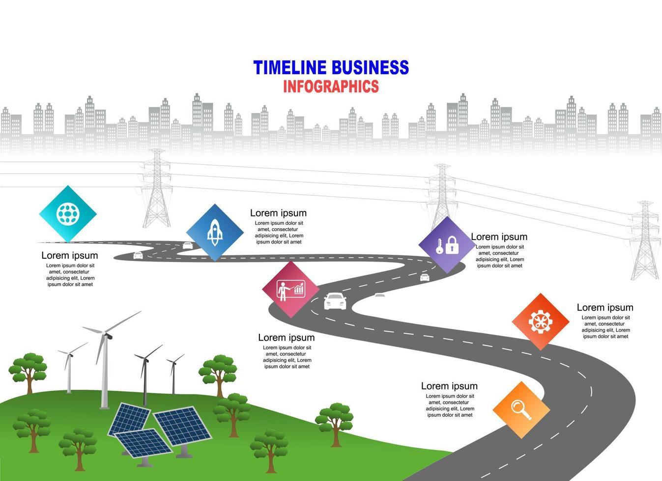 Vector template infographic Timeline of business operations with flags and placeholders on curved roads. Innovation, for environment and society city that can live together. Symbols, steps for success