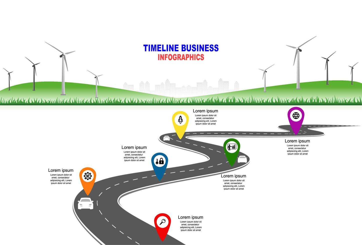 Vector template infographic Timeline of business operations with flags and placeholders on curved roads. Innovation, for environment and society city that can live together. Symbols, steps for success