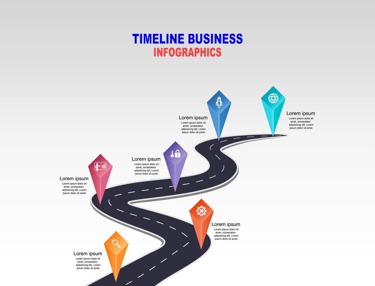 vector plantilla infografía línea de tiempo de operaciones comerciales con banderas y marcadores de posición en carreteras con curvas. símbolos, pasos para una planificación empresarial exitosa adecuados para publicidad y presentaciones