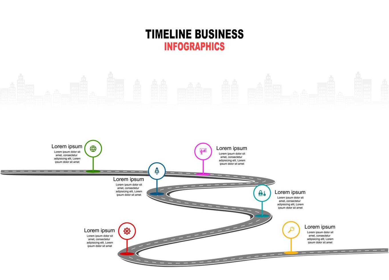 Vector template infographic Timeline of business operations with flags and placeholders on curved roads. Symbols, steps for successful business planning Suitable for advertising and presentations