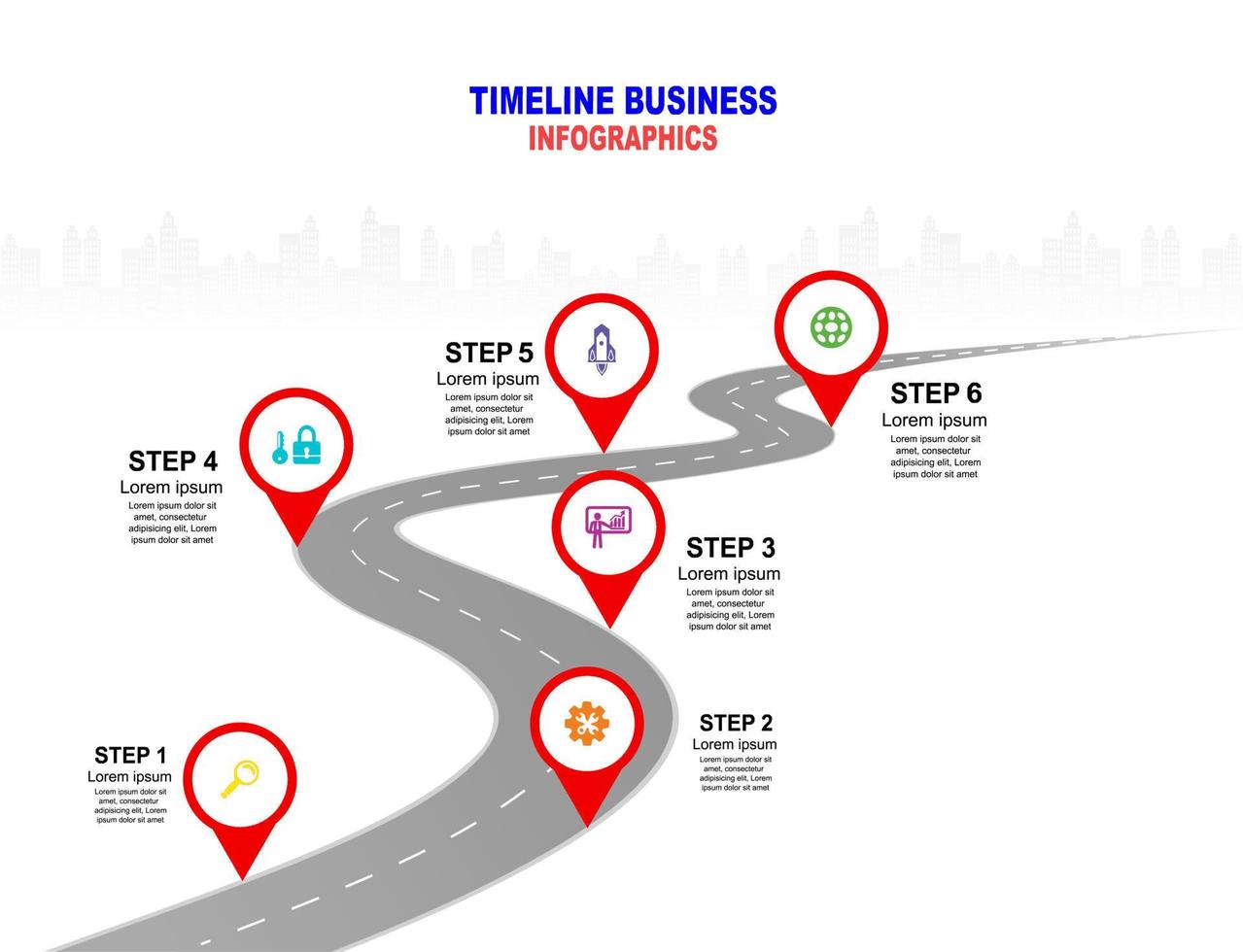 vector plantilla infografía línea de tiempo de operaciones comerciales con banderas y marcadores de posición en carreteras con curvas. símbolos, pasos para una planificación empresarial exitosa adecuados para publicidad y presentaciones