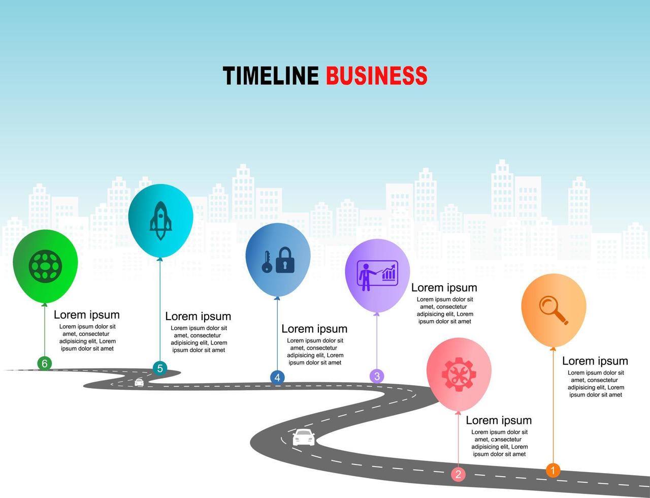 vector plantilla infografía línea de tiempo de operaciones comerciales con banderas y marcadores de posición en carreteras con curvas. símbolos, pasos para una planificación empresarial exitosa adecuados para publicidad y presentaciones