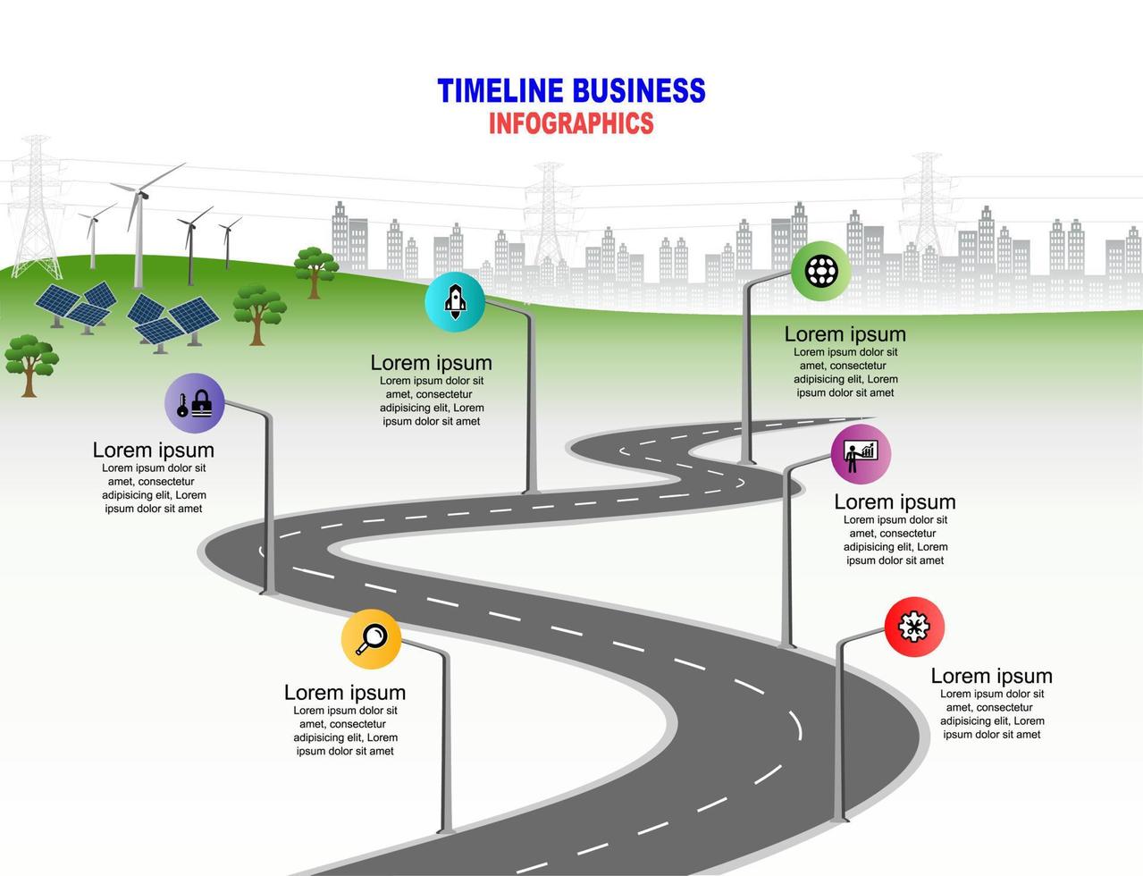 Vector template infographic Timeline of business operations with flags and placeholders on curved roads. Innovation, for environment and society city that can live together. Symbols, steps for success